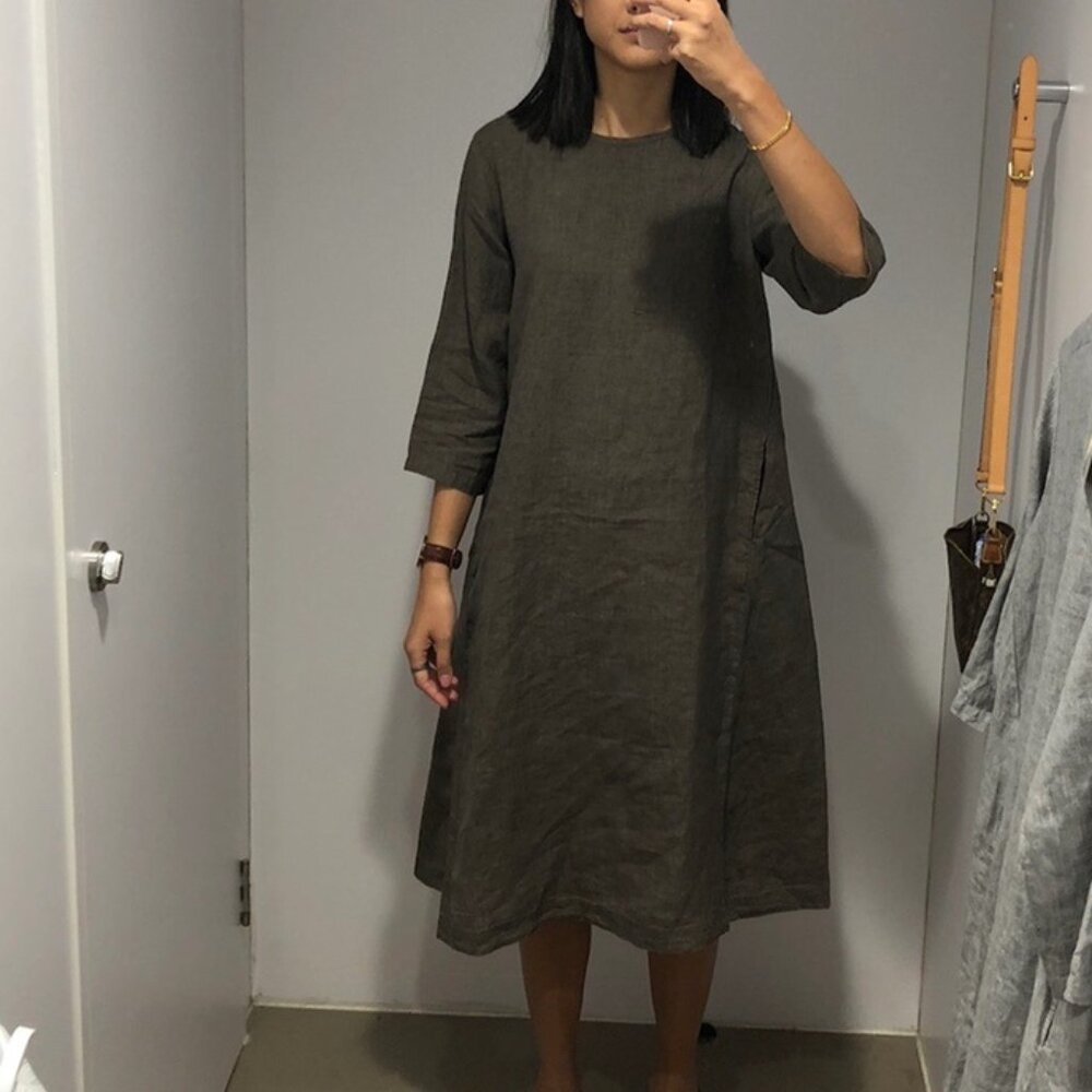 Muji 100% linen a-line 3/4 sleeve midi dress - navy blue - XS